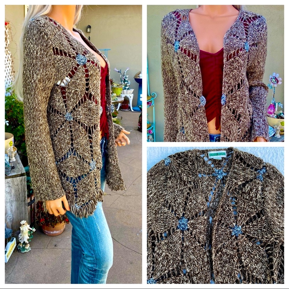 XS-M BoHo Chic Crochet Scallop Fringe Cardigan Duster Sweater - Picture 16 of 16